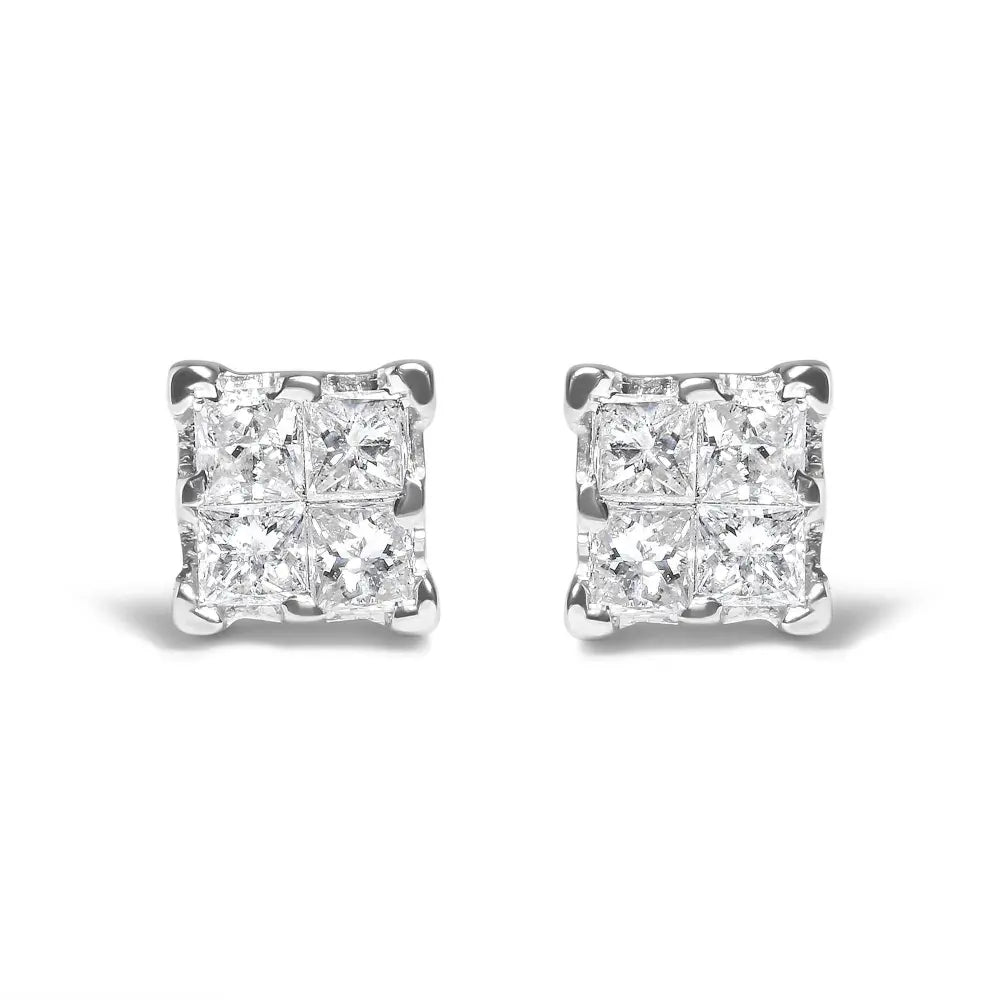 .925 Sterling Silver 1/4 Cttw Invisible Set Princess Diamond Composite Quad Stud Earrings (I-J Color, I1-I2 Clarity) - Bijoux-NYC Direct