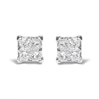 .925 Sterling Silver 1/4 Cttw Invisible Set Princess Diamond Composite Quad Stud Earrings (I-J Color, I1-I2 Clarity) - Bijoux-NYC Direct