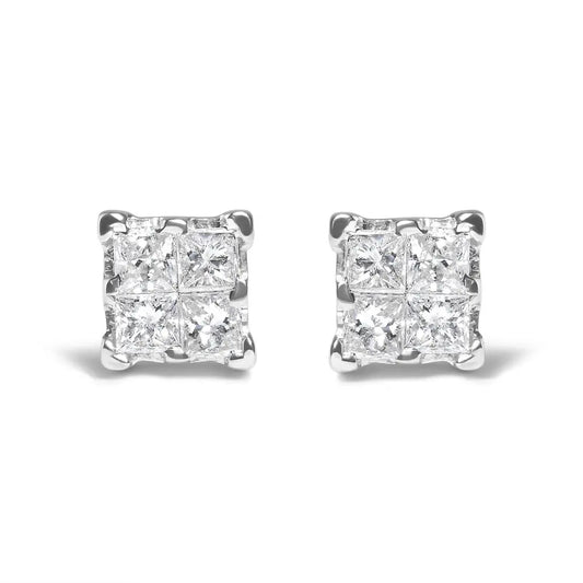 .925 Sterling Silver 1/4 Cttw Invisible Set Princess Diamond Composite Quad Stud Earrings (I-J Color, I1-I2 Clarity) - Bijoux-NYC Direct
