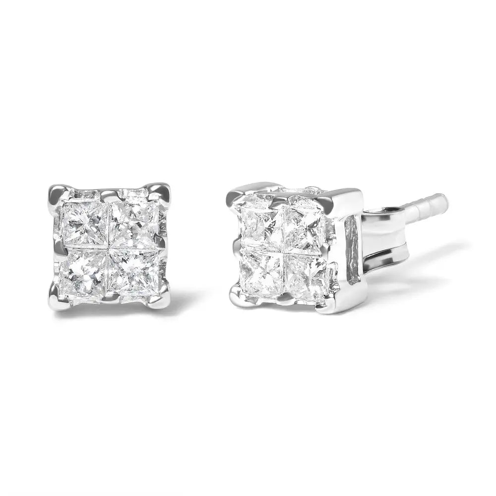 .925 Sterling Silver 1/4 Cttw Invisible Set Princess Diamond Composite Quad Stud Earrings (I-J Color, I1-I2 Clarity) - Bijoux-NYC Direct