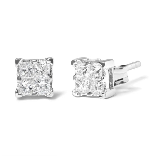 .925 Sterling Silver 1/4 Cttw Invisible Set Princess Diamond Composite Quad Stud Earrings (I-J Color, I1-I2 Clarity) - Bijoux-NYC Direct