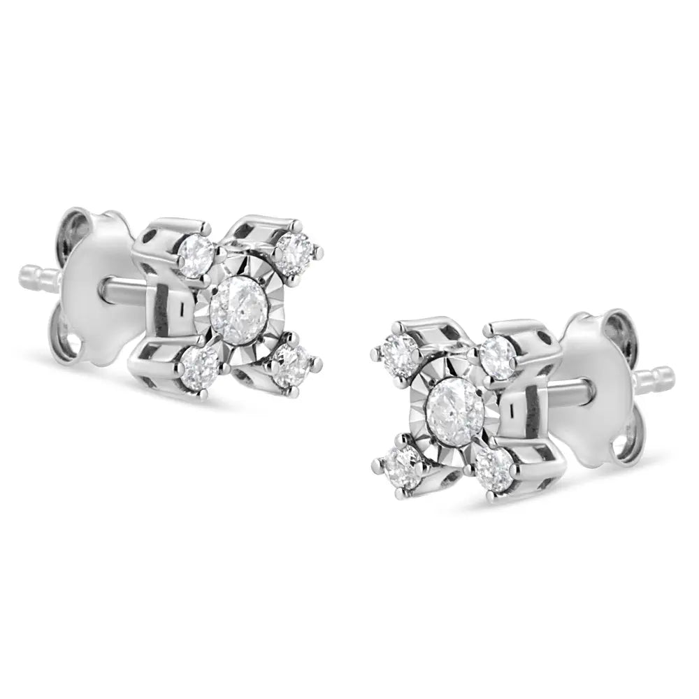 .925 Sterling Silver 1/4 Cttw Miracle Plate Set Round and Princess-Cut Diamond "X" Shaped Stud Earrings (I-J Color, I2-I3 Clarity) - Bijoux-NYC Direct