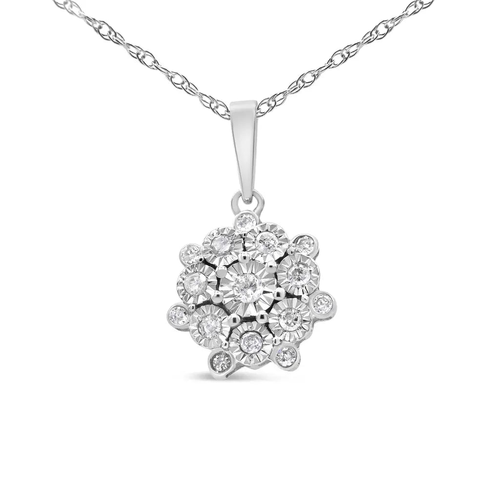.925 Sterling Silver 1/4 Cttw Miracle Set Diamond Floral Cluster 18" Pendant Necklace for Women (I-J Color, I1-I2 Clarity) - Bijoux-NYC Direct