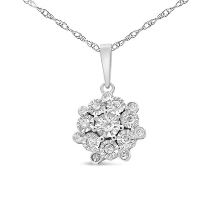 .925 Sterling Silver 1/4 Cttw Miracle Set Diamond Floral Cluster 18" Pendant Necklace for Women (I-J Color, I1-I2 Clarity) - Bijoux-NYC Direct