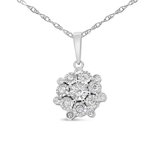 .925 Sterling Silver 1/4 Cttw Miracle Set Diamond Floral Cluster 18" Pendant Necklace for Women (I-J Color, I1-I2 Clarity) - Bijoux-NYC Direct