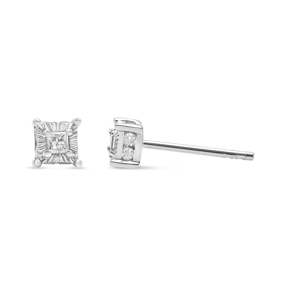 Princess cut diamond hidden halo stud earrings in sterling silver 1/4 cttw bijoux-nyc direct