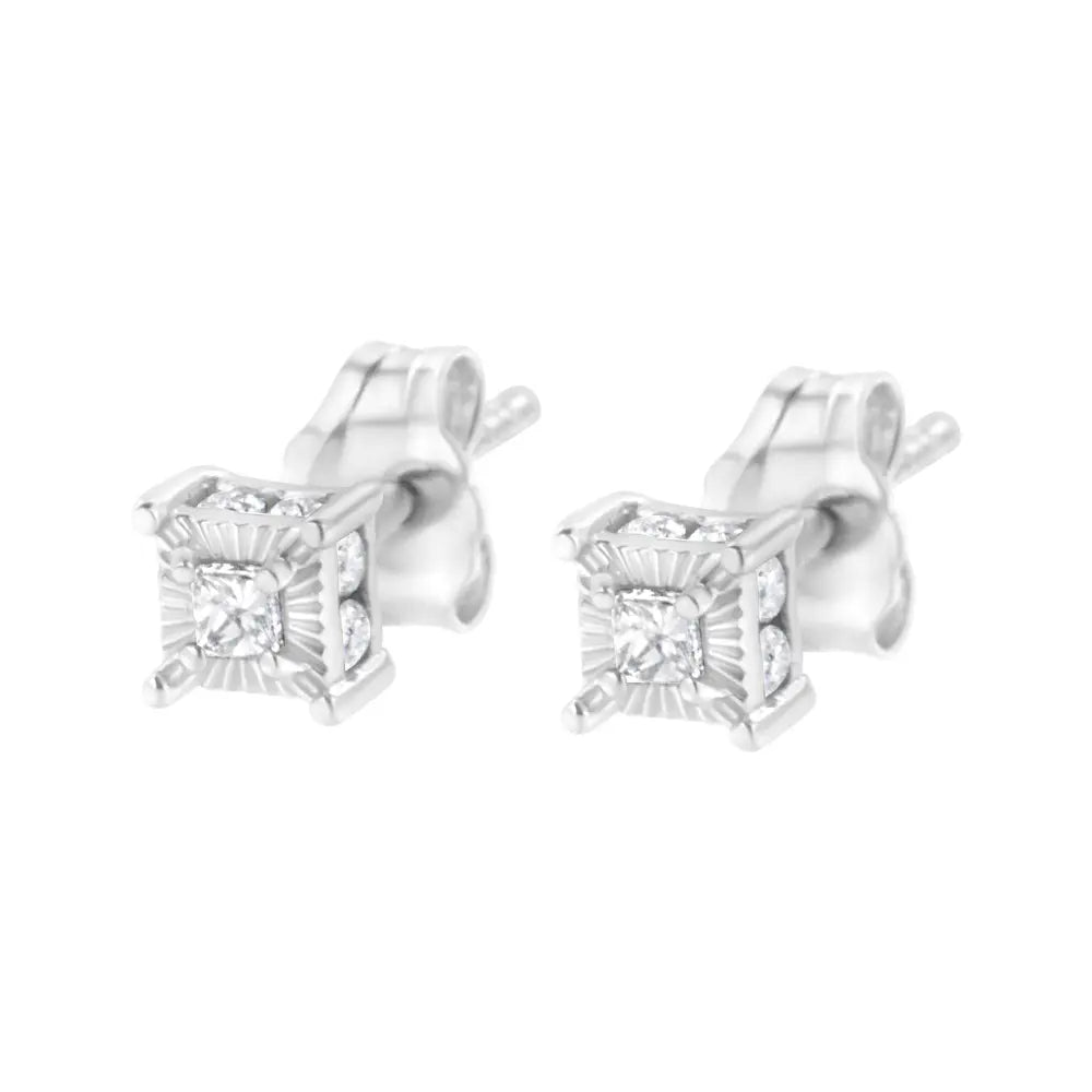 .925 Sterling Silver 1/4 Cttw Miracle Set Princess-Cut Diamond Solitaire Stud Earrings with Hidden Halo (I-J Color, SI2-I1 Clarity) - Bijoux-NYC Direct