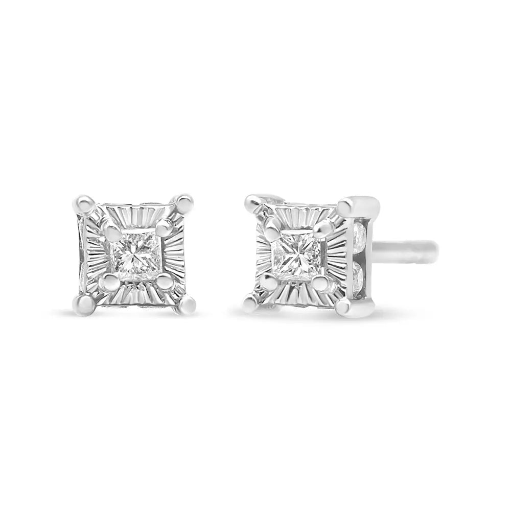 Princess cut diamond hidden halo stud earrings in sterling silver 1/4 cttw bijoux-nyc direct