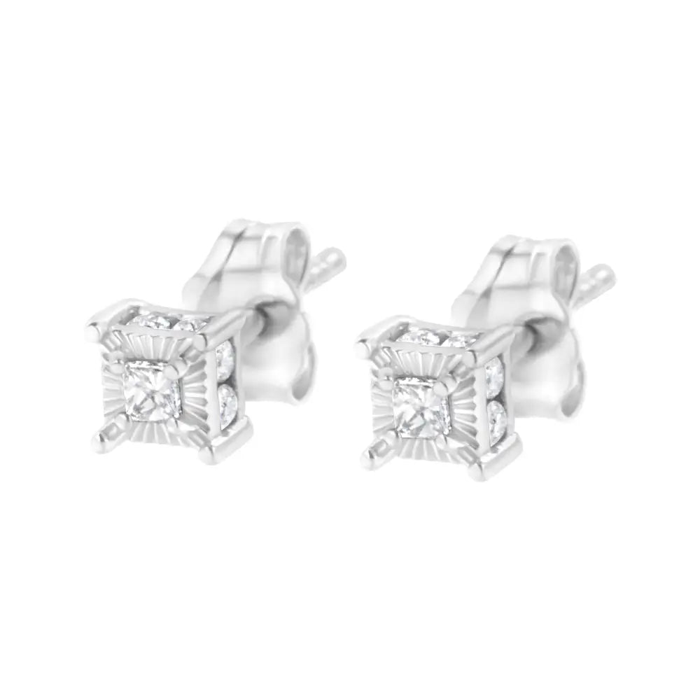 Princess cut diamond hidden halo stud earrings in sterling silver 1/4 cttw bijoux-nyc direct