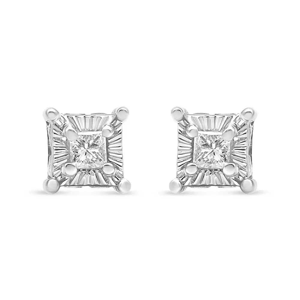 Princess cut diamond hidden halo stud earrings in sterling silver 1/4 cttw bijoux-nyc direct