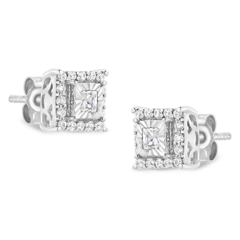 .925 Sterling Silver 1/4 Cttw Princess and Round Cut Diamond Halo Stud Earrings (I-J Color, I2-I3 Clarity) - Bijoux-NYC Direct