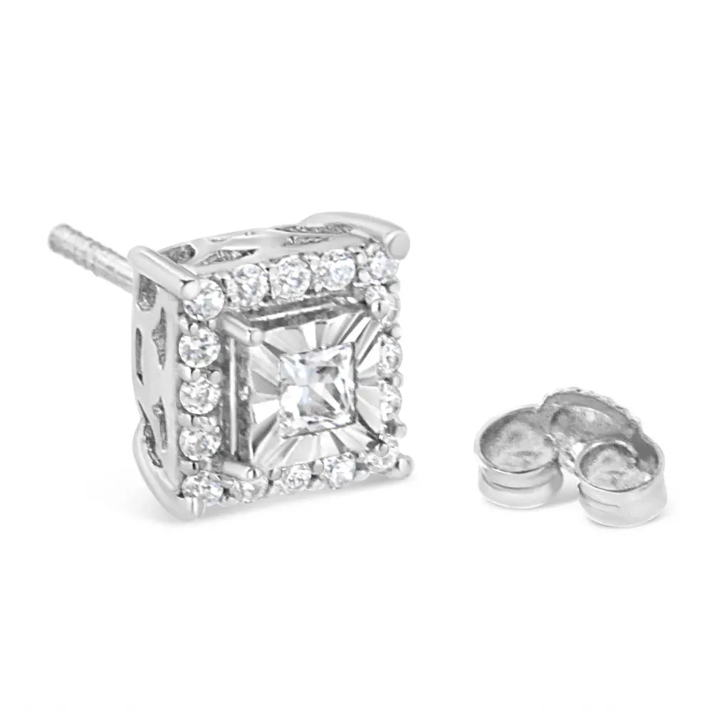 .925 Sterling Silver 1/4 Cttw Princess and Round Cut Diamond Halo Stud Earrings (I-J Color, I2-I3 Clarity) - Bijoux-NYC Direct