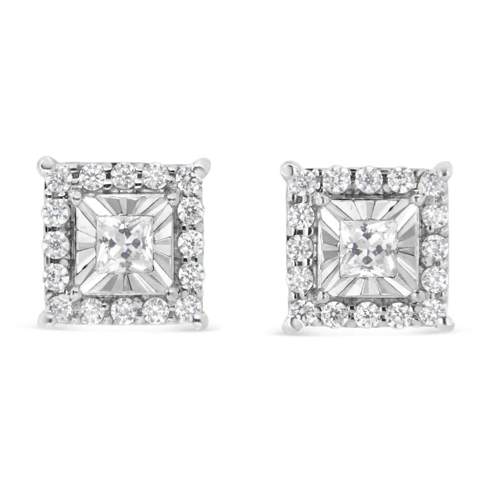 .925 Sterling Silver 1/4 Cttw Princess and Round Cut Diamond Halo Stud Earrings (I-J Color, I2-I3 Clarity) - Bijoux-NYC Direct
