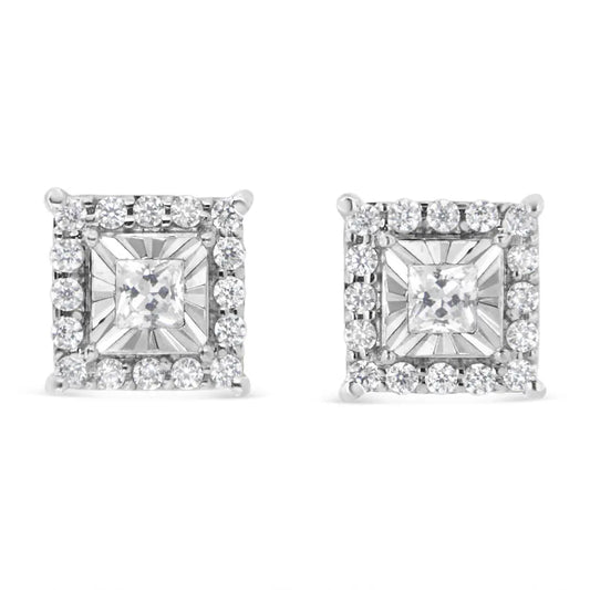 .925 Sterling Silver 1/4 Cttw Princess and Round Cut Diamond Halo Stud Earrings (I-J Color, I2-I3 Clarity) - Bijoux-NYC Direct
