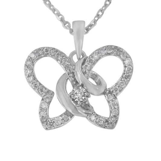 .925 Sterling Silver 1/4 cttw Prong-Set Diamond Butterfly 18" Pendant Necklace (H-I Color, I1-I2 Clarity) - Bijoux-NYC Direct