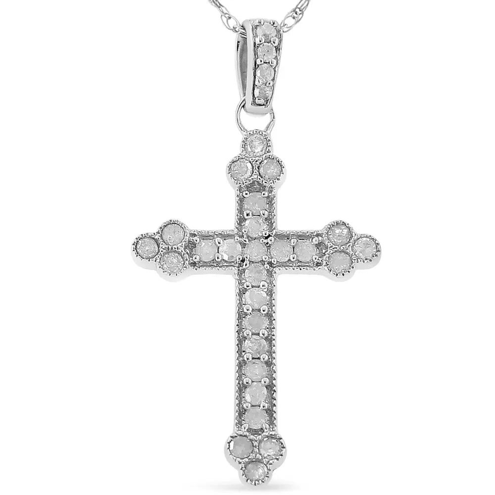 .925 Sterling Silver 1/4 Cttw Prong Set Round-Cut Diamond Cross 18" Pendant Necklace - (I-J Color, I3-Promo Quality) - Bijoux-NYC Direct