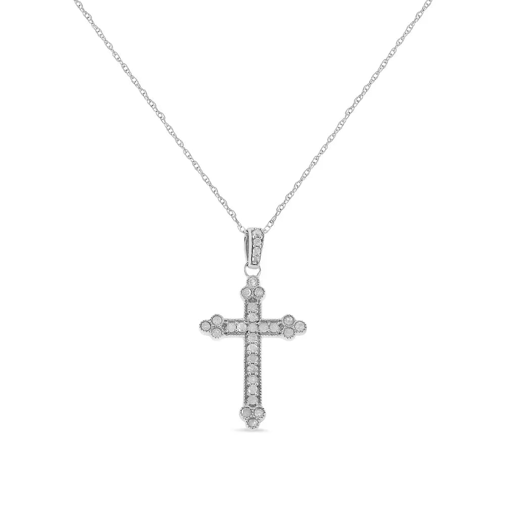 .925 Sterling Silver 1/4 Cttw Prong Set Round-Cut Diamond Cross 18" Pendant Necklace - (I-J Color, I3-Promo Quality) - Bijoux-NYC Direct