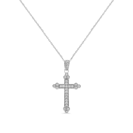 .925 Sterling Silver 1/4 Cttw Prong Set Round-Cut Diamond Cross 18" Pendant Necklace - (I-J Color, I3-Promo Quality) - Bijoux-NYC Direct