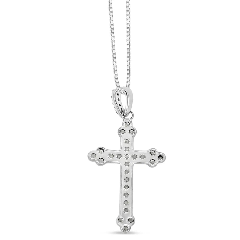 .925 Sterling Silver 1/4 Cttw Prong Set Round-Cut Diamond Cross 18" Pendant Necklace - (I-J Color, I3-Promo Quality) - Bijoux-NYC Direct