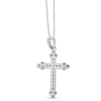 .925 Sterling Silver 1/4 Cttw Prong Set Round-Cut Diamond Cross 18" Pendant Necklace - (I-J Color, I3-Promo Quality) - Bijoux-NYC Direct