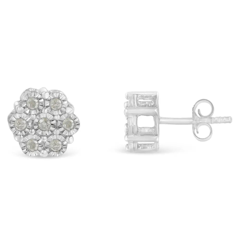 .925 Sterling Silver 1/4 Cttw Round-Cut Diamond Miracle-Set Floral Cluster Button Stud Earrings (I-J Color, I3 Clarity) - Bijoux-NYC Direct