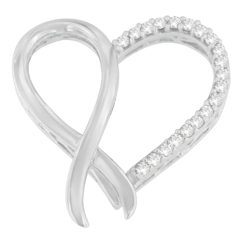 Sterling silver 1/4 cttw round diamond ribbon and heart pendant necklace bijoux-nyc direct