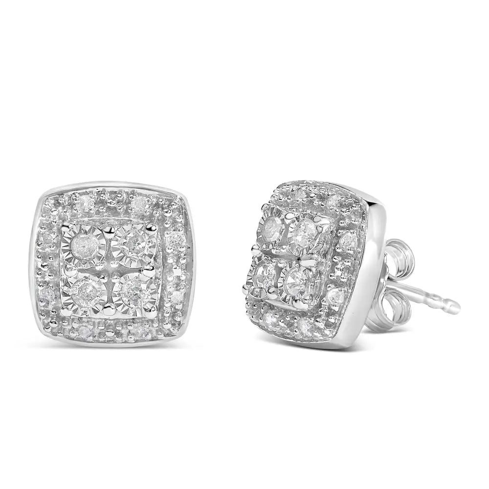 Round diamond square milgrain stud earrings in sterling silver – 1/4 cttw bijoux-nyc direct