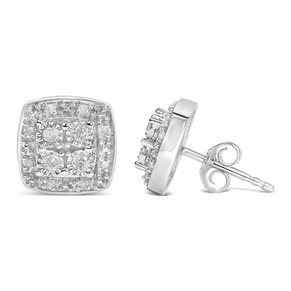 Round diamond square milgrain stud earrings in sterling silver – 1/4 cttw bijoux-nyc direct