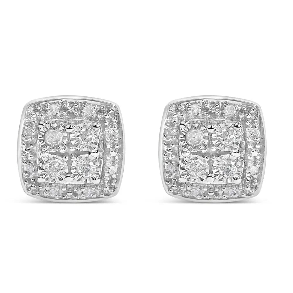 Round diamond square milgrain stud earrings in sterling silver – 1/4 cttw bijoux-nyc direct
