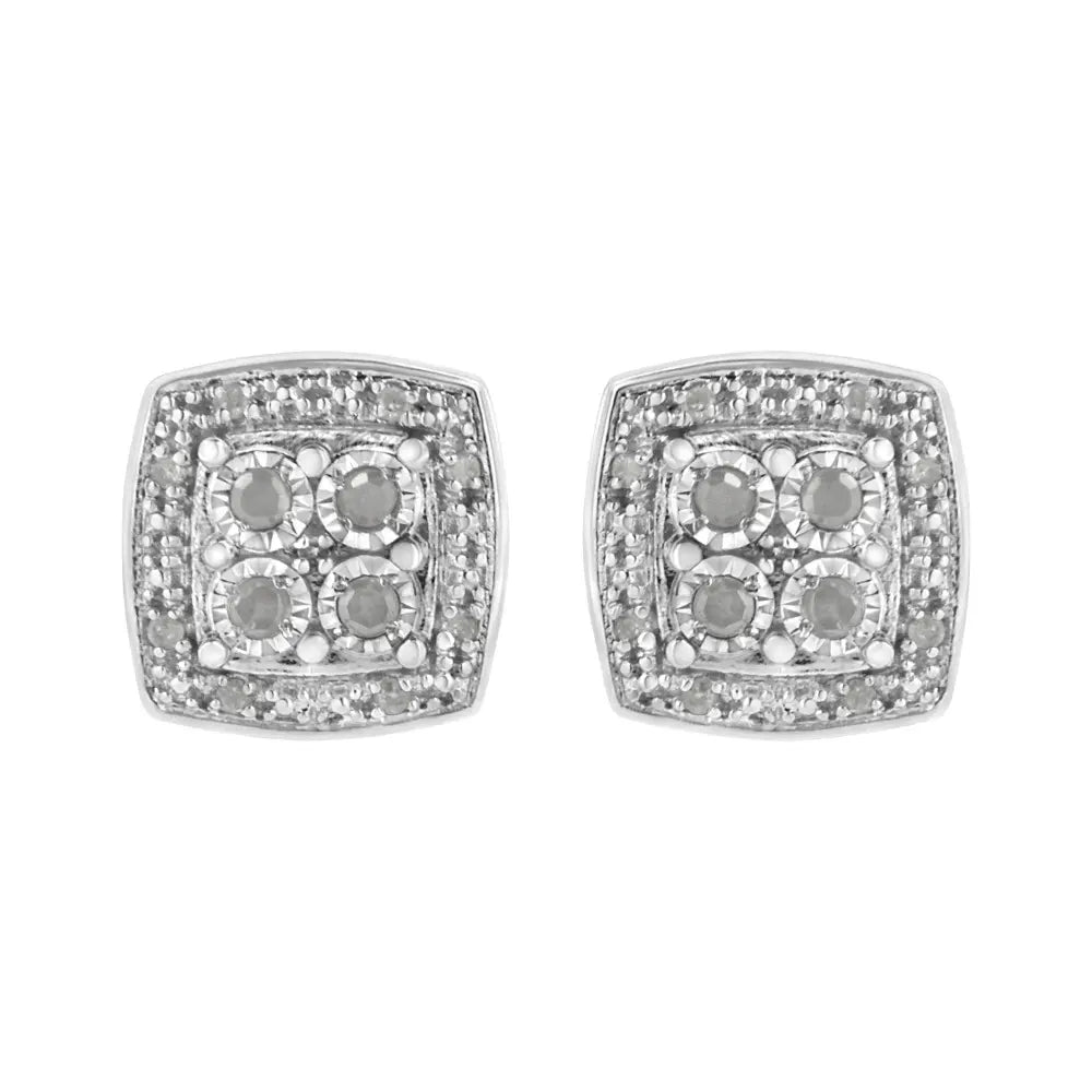 .925 Sterling Silver 1/4 cttw Round Cut Diamond Square Shape Milgrain Stud Earrings (I-J Color, I3 Clarity) - Bijoux-NYC Direct