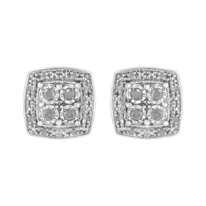 .925 Sterling Silver 1/4 cttw Round Cut Diamond Square Shape Milgrain Stud Earrings (I-J Color, I3 Clarity) - Bijoux-NYC Direct