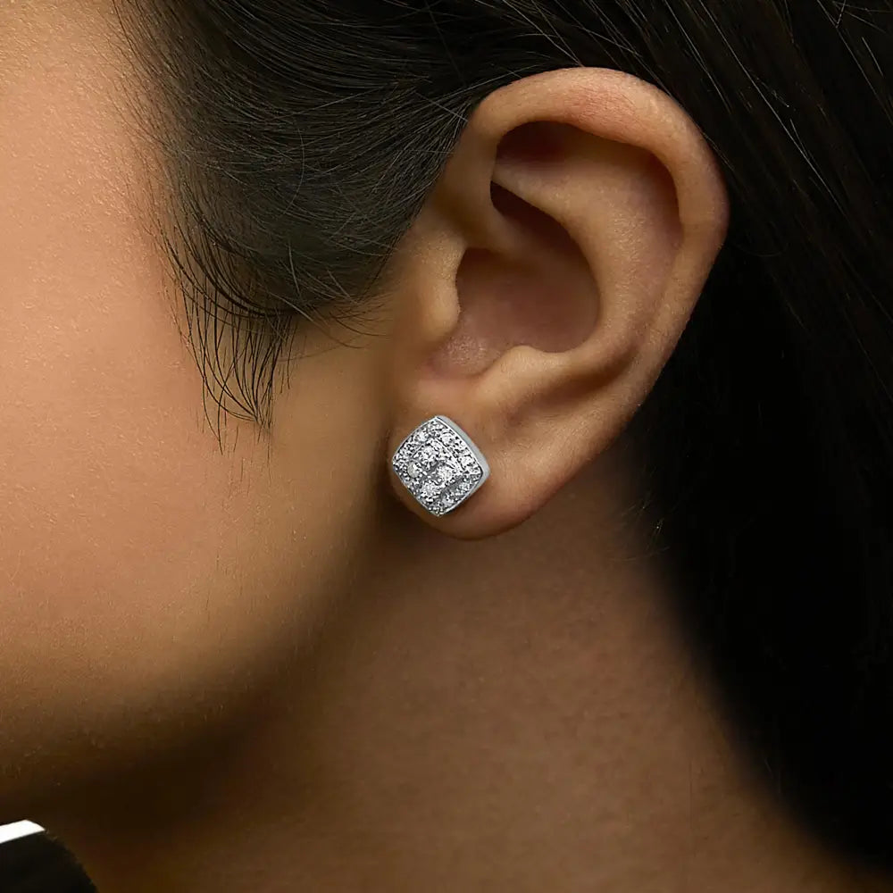 Round diamond square milgrain stud earrings in sterling silver – 1/4 cttw bijoux-nyc direct
