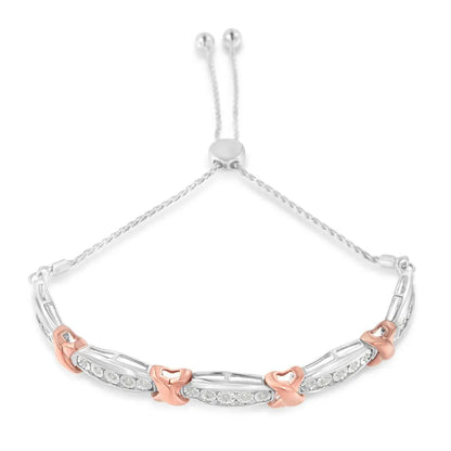 .925 Sterling Silver 1/4 Cttw Round-Cut Diamond X & Tapered Bar Miracle-Set Bolo Bracelet (I-J Color, I3 Clarity) - Two Tone Rose Gold & Silver - Bijoux-NYC Direct