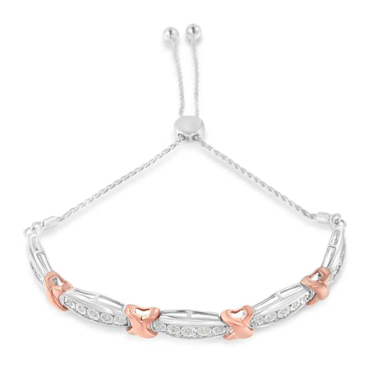 .925 Sterling Silver 1/4 Cttw Round-Cut Diamond X & Tapered Bar Miracle-Set Bolo Bracelet (I-J Color, I3 Clarity) - Two Tone Rose Gold & Silver - Bijoux-NYC Direct