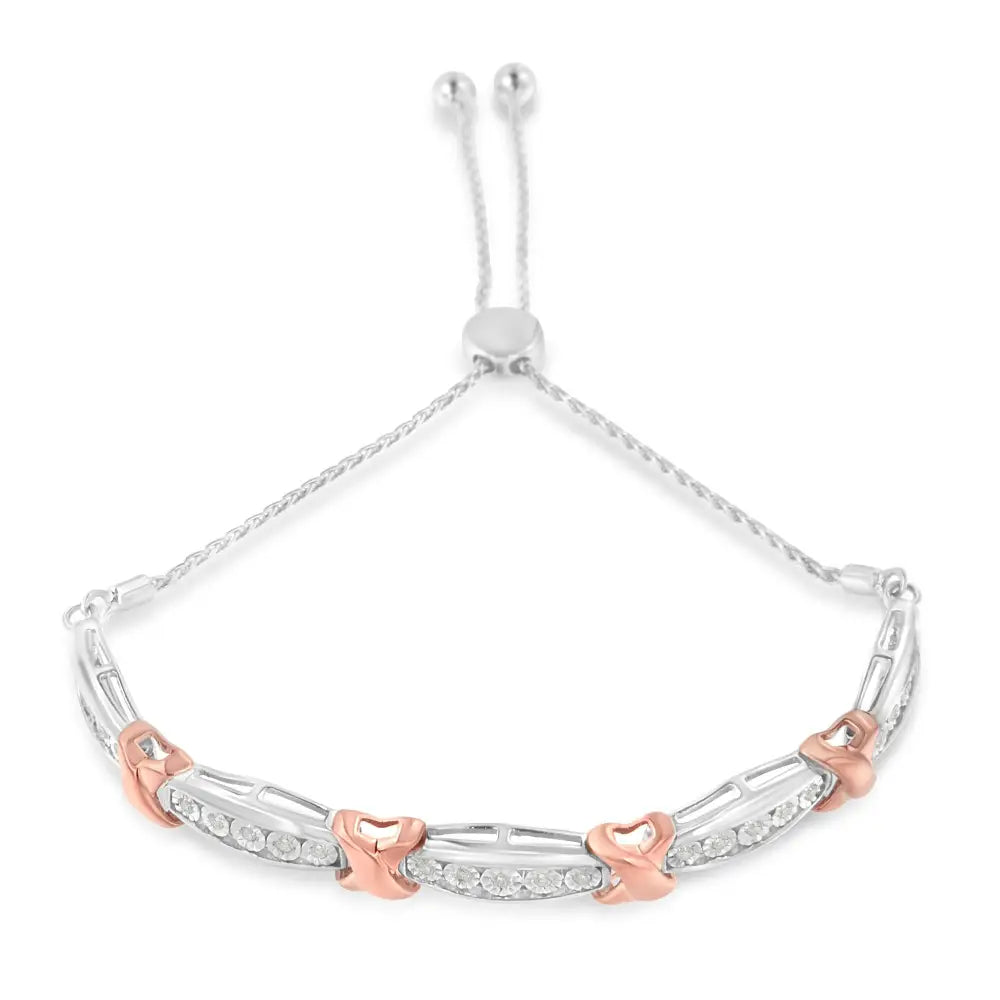 Two tone sterling silver 1/4 cttw rose cut diamond x bolo bracelet bijoux-nyc direct