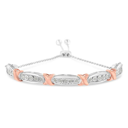 .925 Sterling Silver 1/4 Cttw Round-Cut Diamond X & Tapered Bar Miracle-Set Bolo Bracelet (I-J Color, I3 Clarity) - Two Tone Rose Gold & Silver - Bijoux-NYC Direct