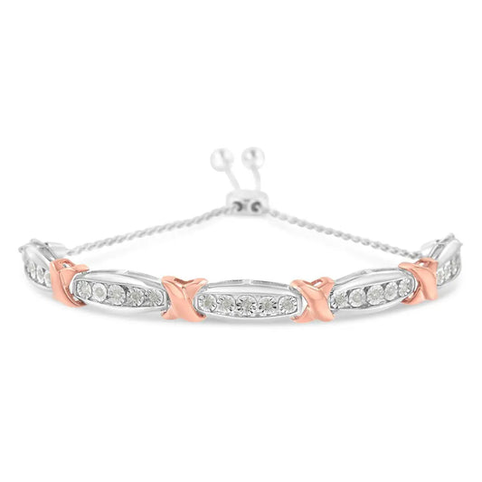 .925 Sterling Silver 1/4 Cttw Round-Cut Diamond X & Tapered Bar Miracle-Set Bolo Bracelet (I-J Color, I3 Clarity) - Two Tone Rose Gold & Silver - Bijoux-NYC Direct