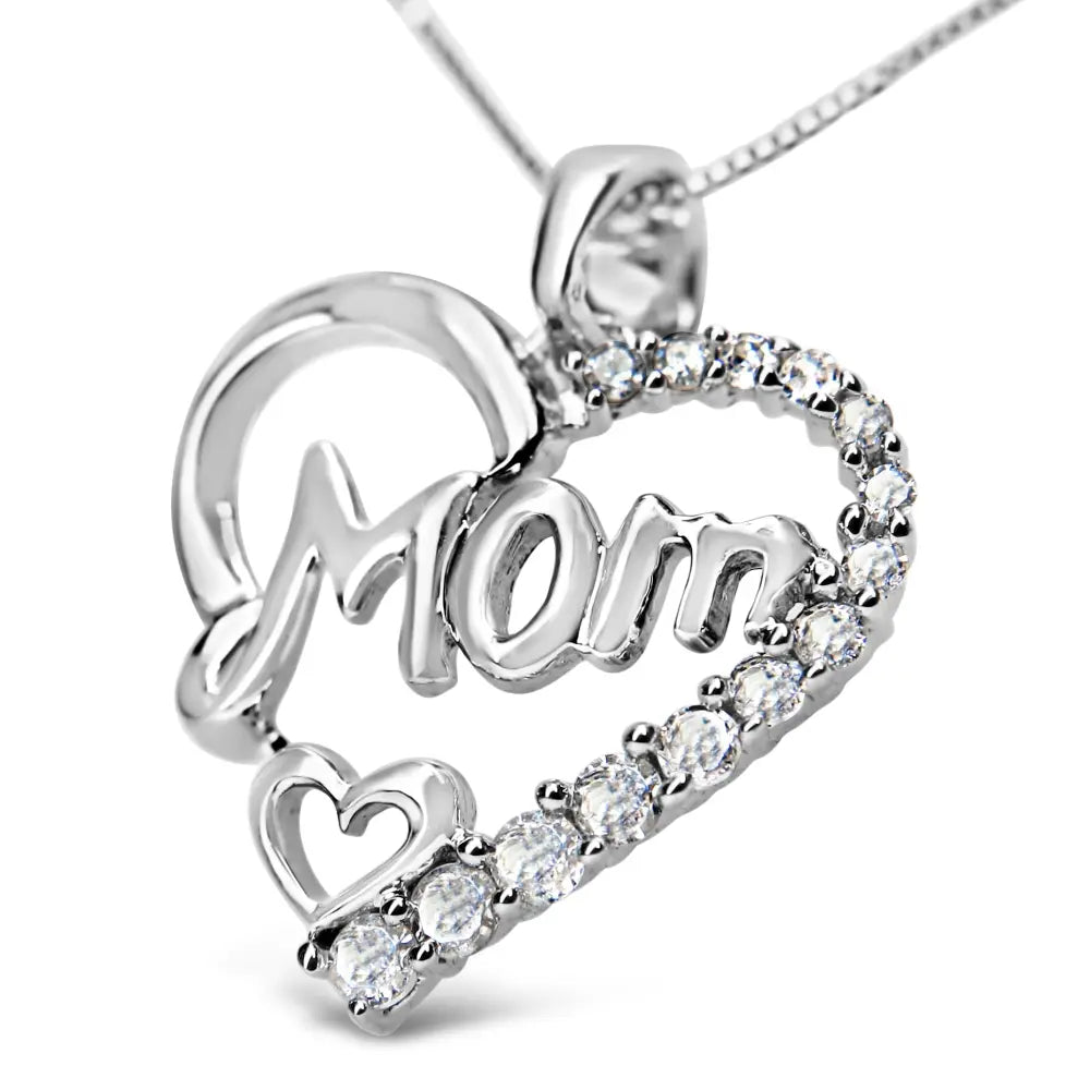 .925 Sterling Silver 1/4 Cttw Round Diamond "Mom" Heart Pendant 18" Necklace (I-J Color, I3 Clarity) - Bijoux-NYC Direct