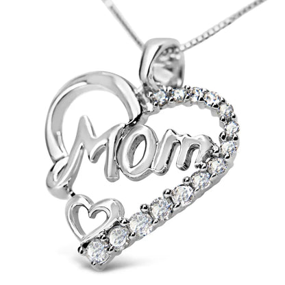 .925 Sterling Silver 1/4 Cttw Round Diamond "Mom" Heart Pendant 18" Necklace (I-J Color, I3 Clarity) - Bijoux-NYC Direct