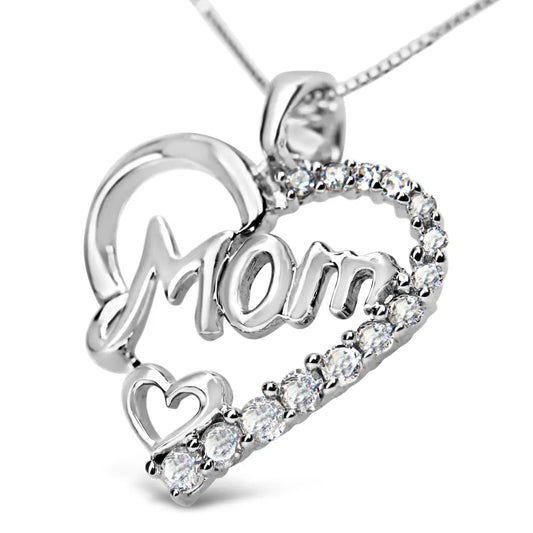 .925 Sterling Silver 1/4 Cttw Round Diamond "Mom" Heart Pendant 18" Necklace (I-J Color, I3 Clarity) - Bijoux-NYC Direct