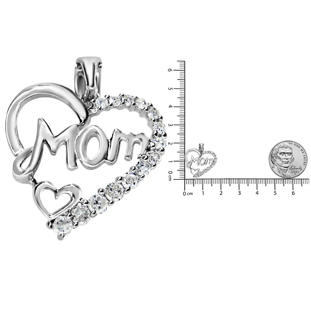 .925 Sterling Silver 1/4 Cttw Round Diamond "Mom" Heart Pendant 18" Necklace (I-J Color, I3 Clarity) - Bijoux-NYC Direct