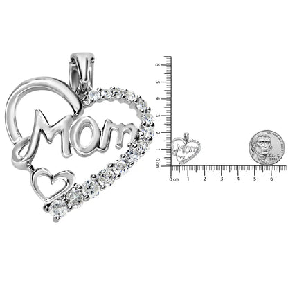 .925 Sterling Silver 1/4 Cttw Round Diamond "Mom" Heart Pendant 18" Necklace (I-J Color, I3 Clarity) - Bijoux-NYC Direct