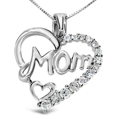 .925 Sterling Silver 1/4 Cttw Round Diamond "Mom" Heart Pendant 18" Necklace (I-J Color, I3 Clarity) - Bijoux-NYC Direct