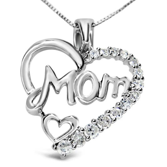 .925 Sterling Silver 1/4 Cttw Round Diamond "Mom" Heart Pendant 18" Necklace (I-J Color, I3 Clarity) - Bijoux-NYC Direct