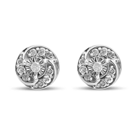 .925 Sterling Silver 1/4 Cttw Round Diamond Spiral Halo Cluster Stud Earrings (I-J Color, I2-I3 Clarity) - Bijoux-NYC Direct