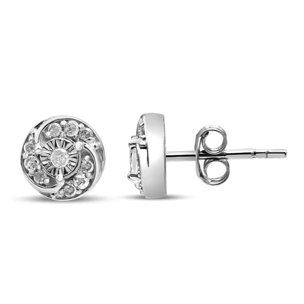 .925 Sterling Silver 1/4 Cttw Round Diamond Spiral Halo Cluster Stud Earrings (I-J Color, I2-I3 Clarity) - Bijoux-NYC Direct