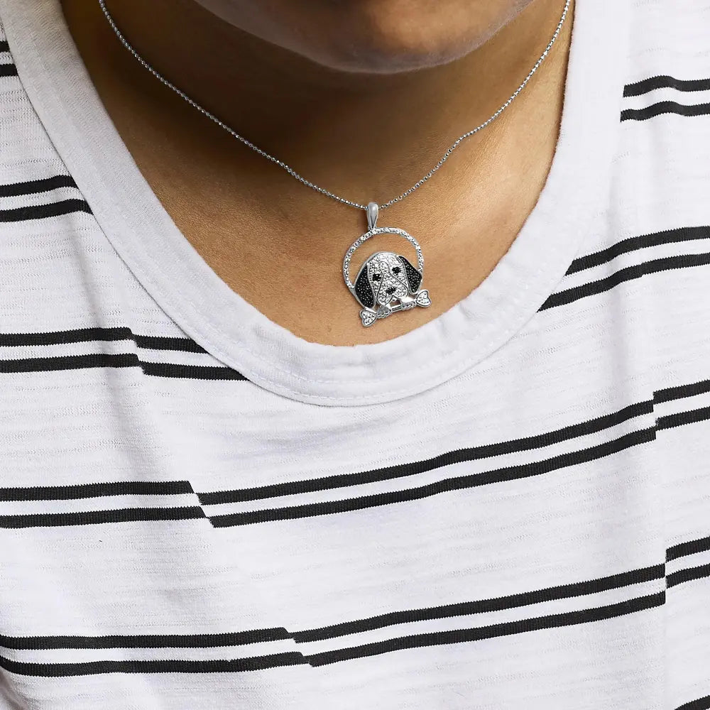 .925 sterling silver 1/4 cttw white and black diamond beagle dog bone pendant necklace (i j color i2 i3 clarity) 18’’ inches
