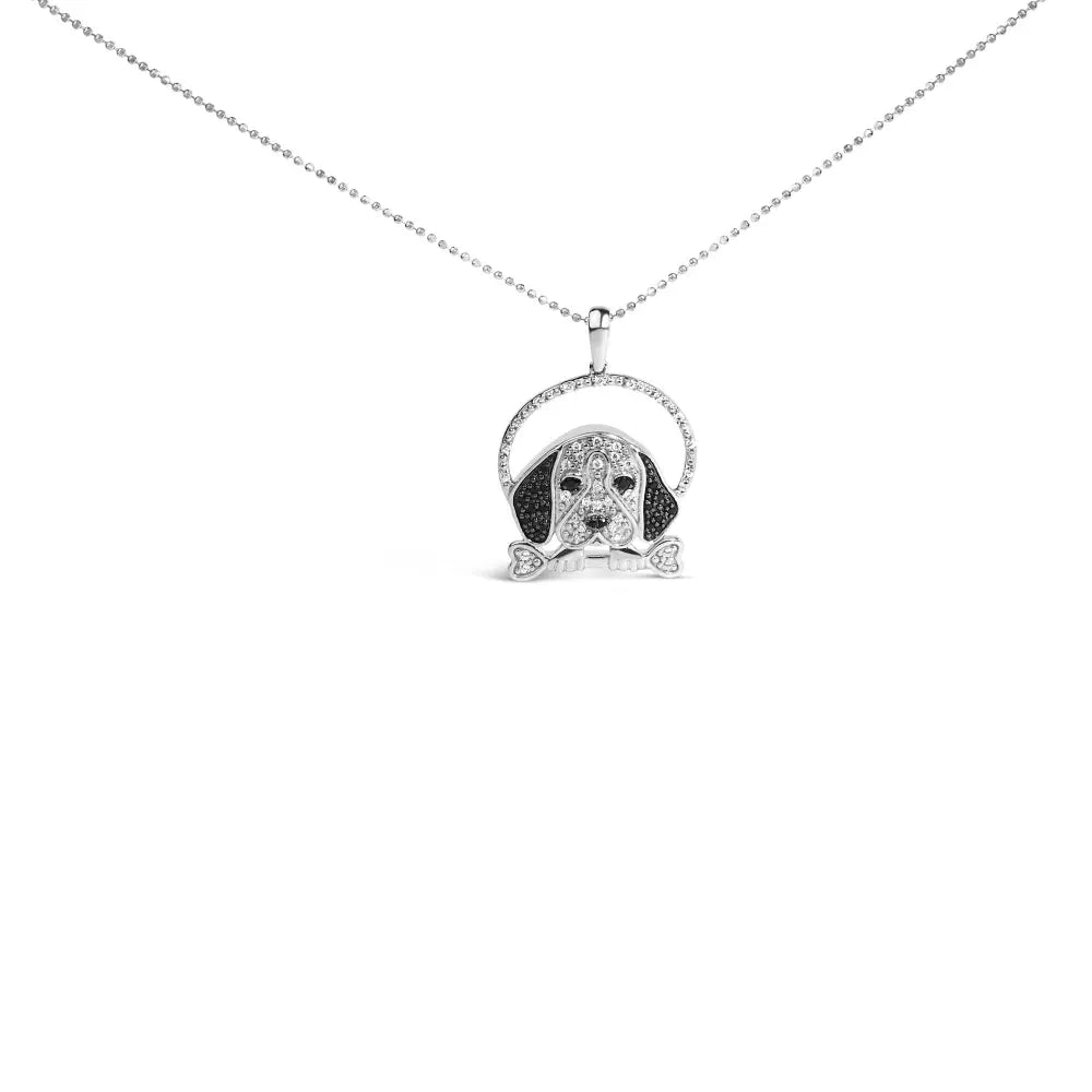 .925 sterling silver 1/4 cttw white and black diamond beagle dog bone pendant necklace (i j color i2 i3 clarity) 18’’ inches