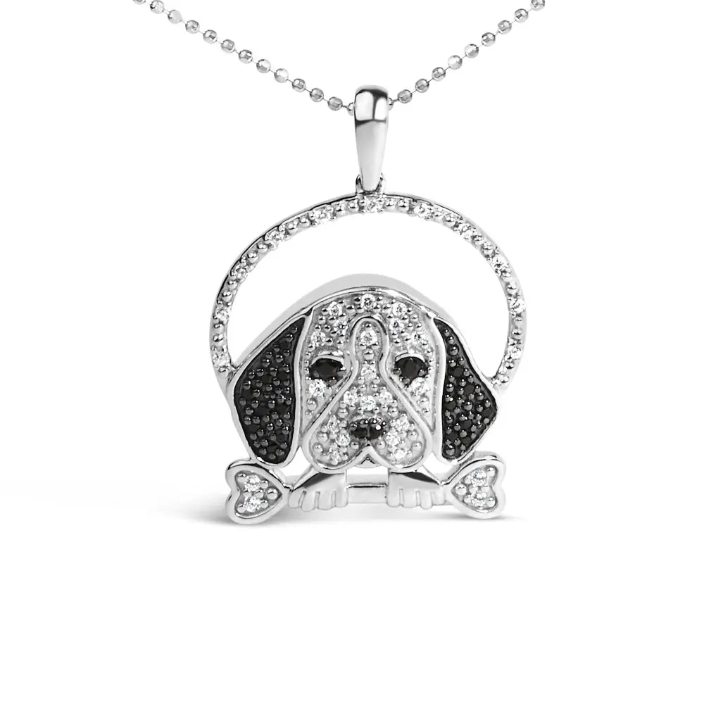 .925 sterling silver 1/4 cttw white and black diamond beagle dog bone pendant necklace (i j color i2 i3 clarity) 18’’ inches