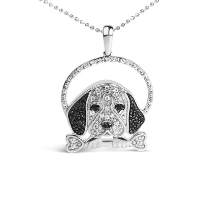 .925 sterling silver 1/4 cttw white and black diamond beagle dog bone pendant necklace (i j color i2 i3 clarity) 18’’ inches